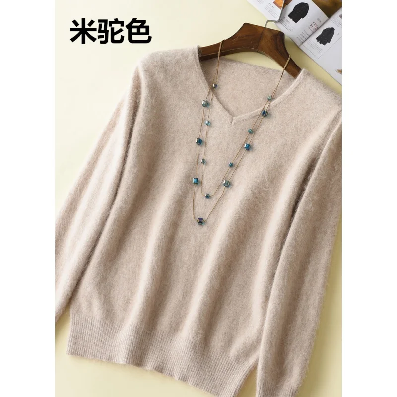 

Winter Women Sweater V-Neck Knitted Pullover 100% Mink Cashmere Jumper Female Solid Color Soft Super Warm Sweater S-2XL 16 Color