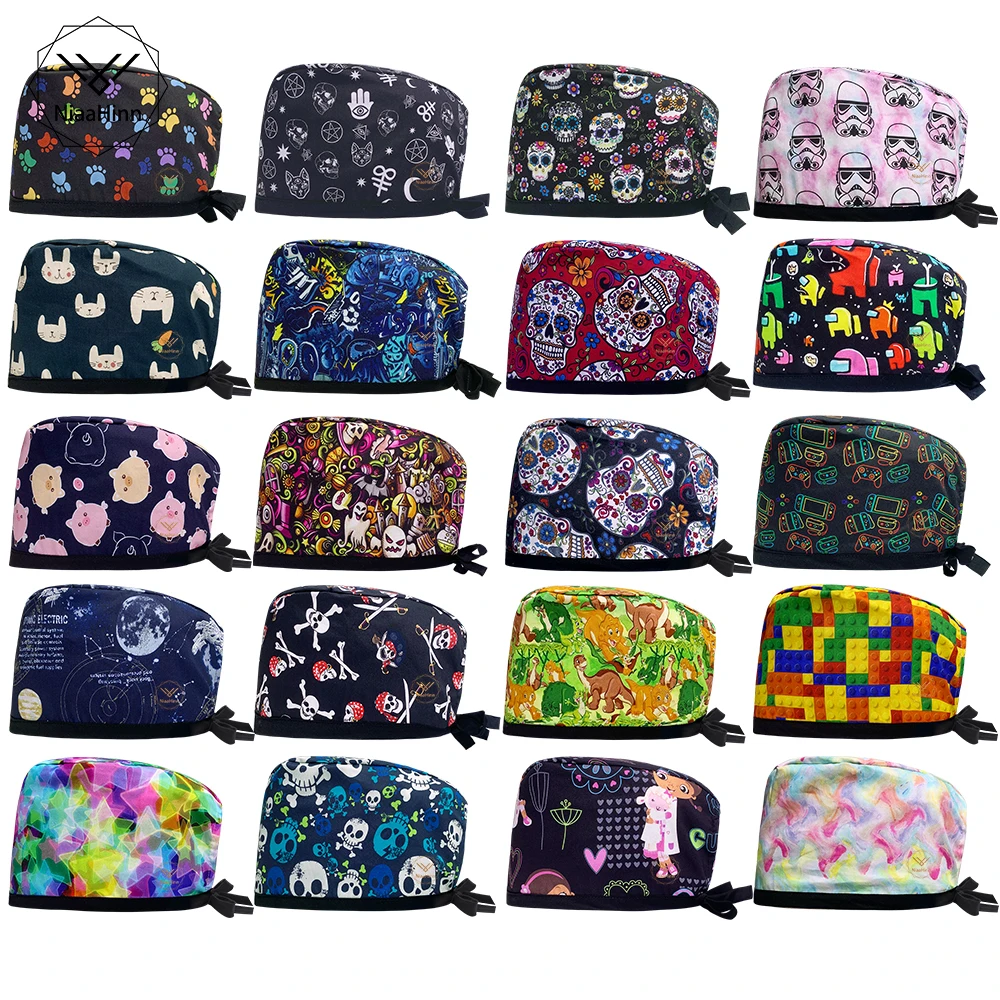 

Festival Skeleton Skull Printing Caps Laboratory 100%cotton Surgical Hats Working Cap for Women Men Scrub Hat Nursing Scrub Caps