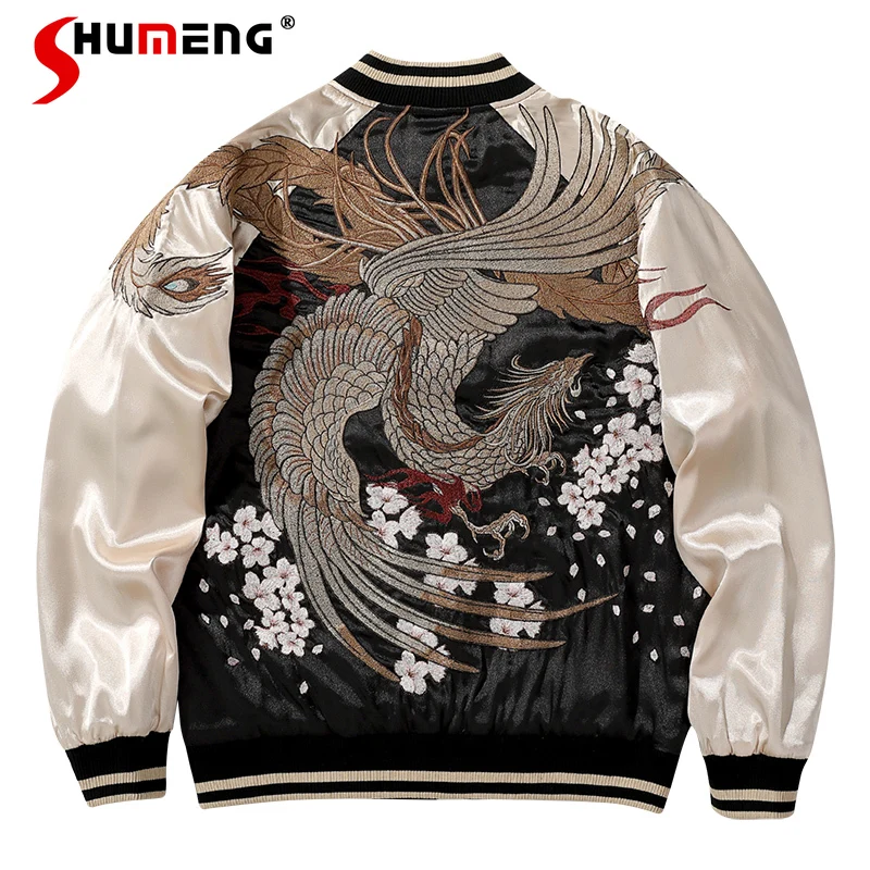 

Japanese Style Trendy Satin Bomber Jackets Spring and Autumn New Men's Yokosuka Embroidered Baseball Coats Zipper Outwear