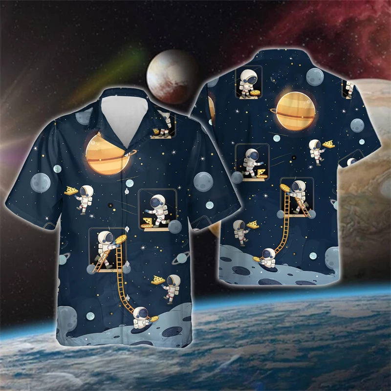 Cartoon Astronaut 3D Print Shirts For Men Clothes Hawaiian Beach Shirt Funny Cosmonaut Short Sleeve Boy Blouses Kids Lapel Tops