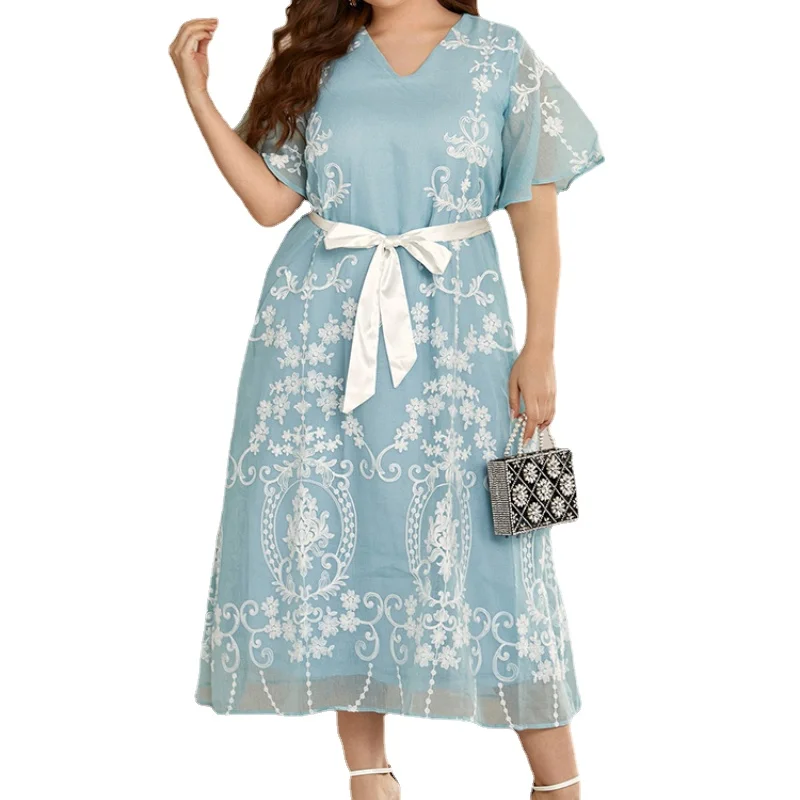 

Elegant Women Large Maxi Dresses 2022 Summer Ruffled Blue Long Oversized Muslim Evening Party Festival Clothing L- 4XL