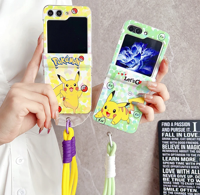 

Cartoon pikachus yellow green Phone Case For Samsung Galaxy Z Flip 3 4 5G ZFlip5 ZFlip4 Flip3 Flip5 Flip4 Cover With Lanyard