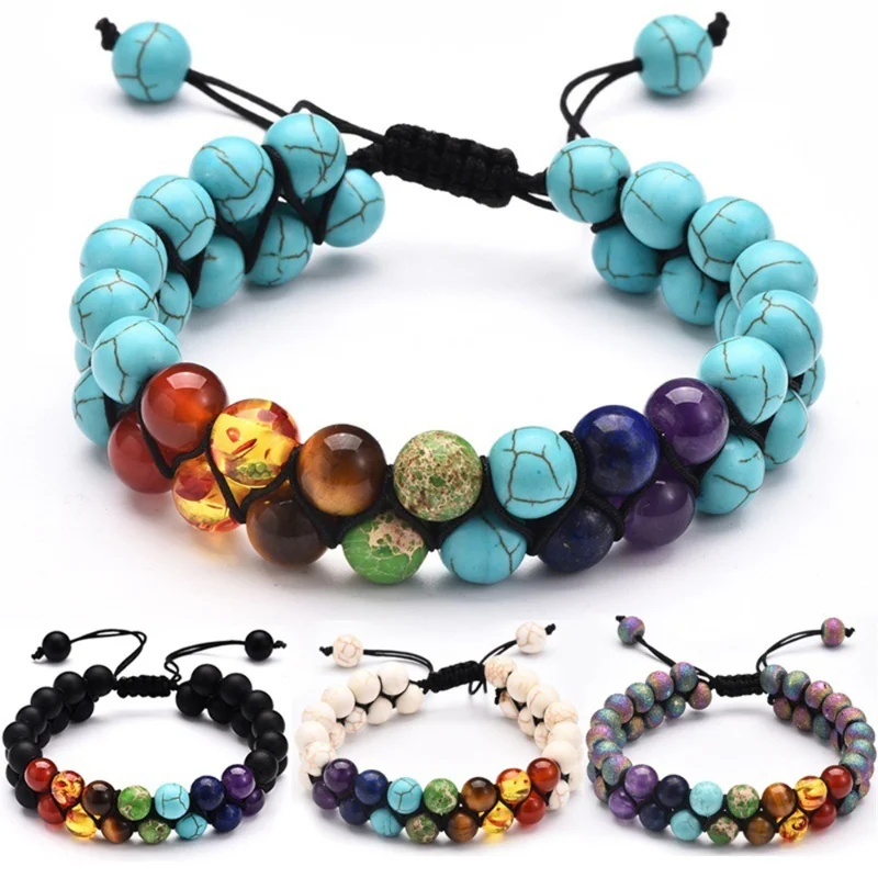 

New 7 Chakra Natural Stone Handmade Braided Double Layer Lava Bracelets Adjustable Energy Colorful Beaded Bracelet for Men Women