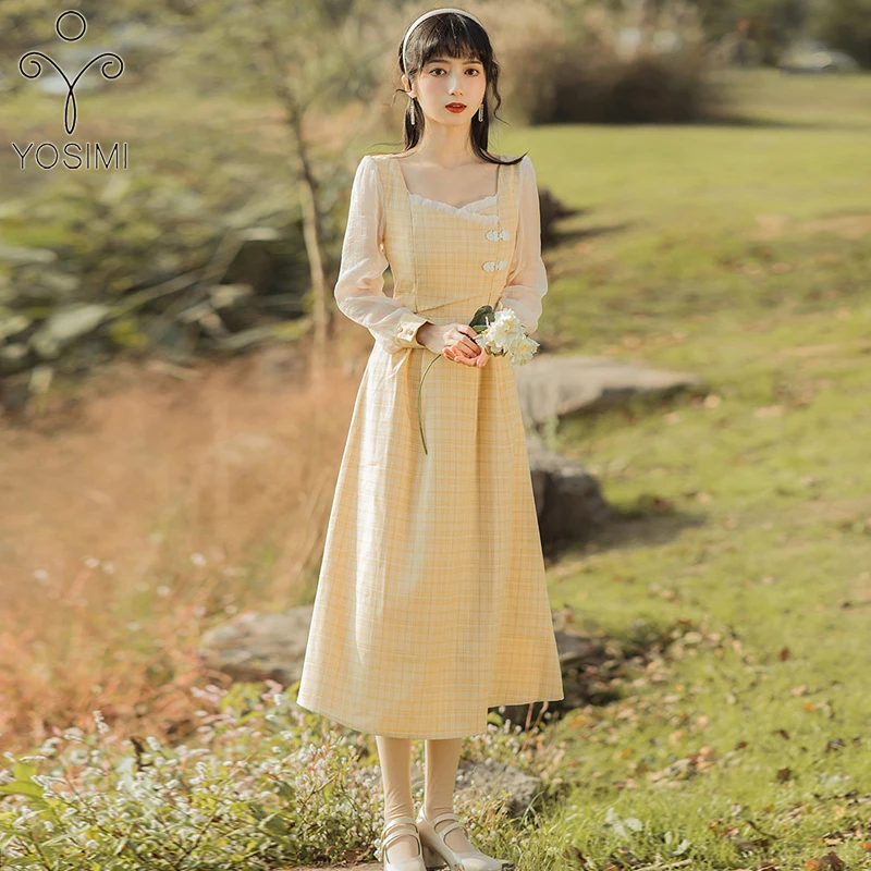 

YOSIMI Women Dress 2022 Autumn A-line Yellow Plaid Patchwork Mesh Mid-calf Fit and Flare Puff Long Sleeve Elegant Dresses Women