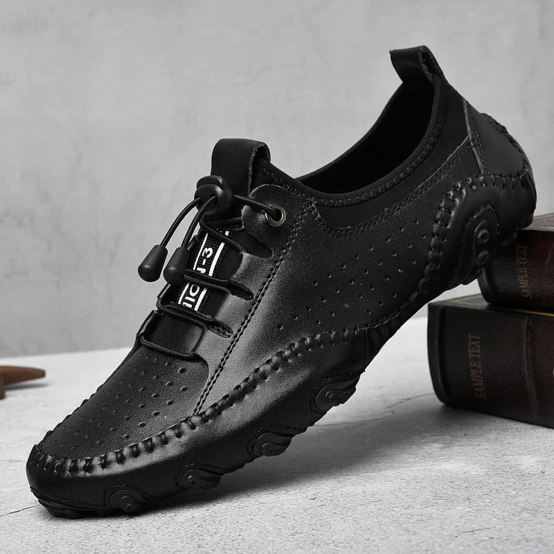 Men's Comfy Casual Shoes Breathable Lace-up Loafers Genuine Leather Shoes Men Handmade Flats Outdoor Summer Shoes Big Size 38-47