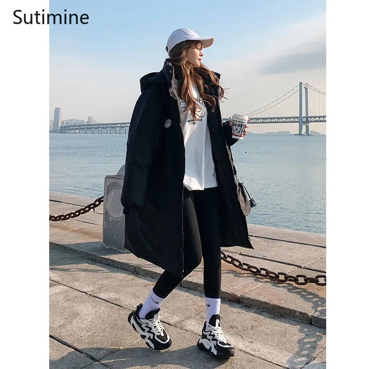 2022 Winter Coat Women Office Lady Pockets Hooded Women's Cotton Padded Clothes Medium Length Loose Over The Knee Zippers Coat
