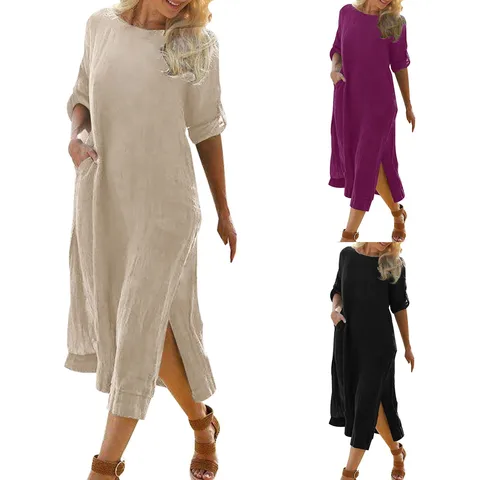 Dress Pants for Women Women Summer Dress Round Neck Loose Elegant Cotton Linen Casual Retro Long Lady's Dresses Casual