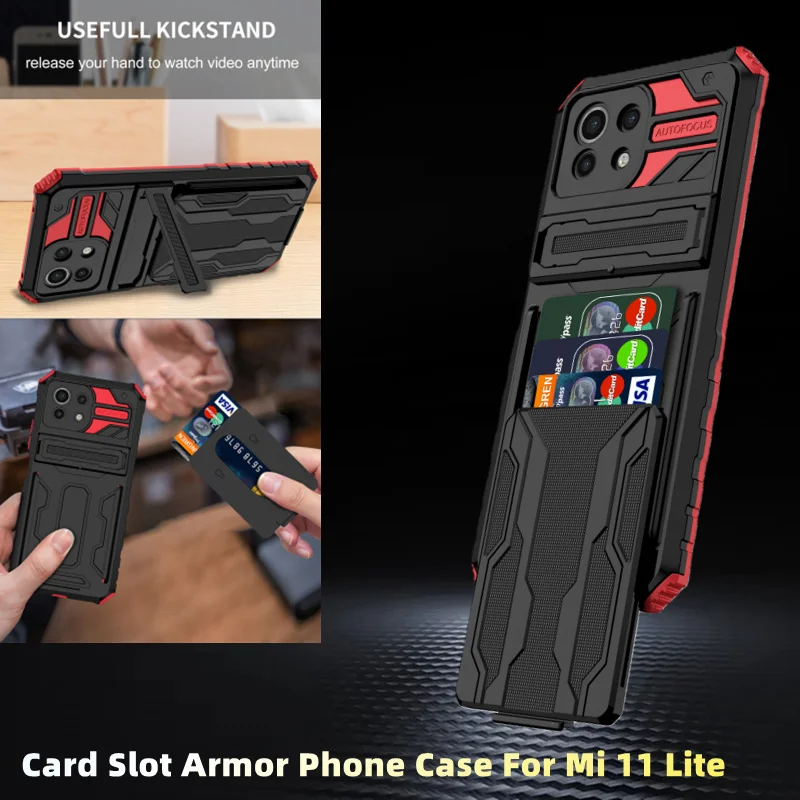 

ShockProof Shell Phone Case For Xiaomi Mi 11 Mi11 Lite 5G NE Anti Shock Impact Credit Card Slot Back Hidden Armor Case Cover