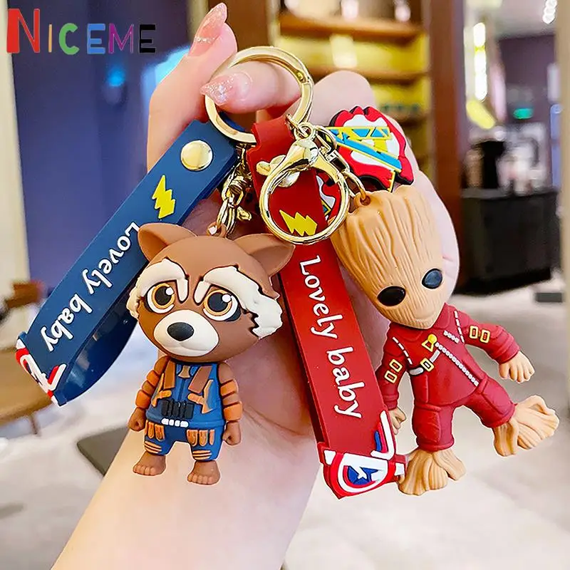 

Anime Guardians Of The Galaxy Figure Keychain Groot Rocket Raccoon Kawaii Doll PVC Keyring Couple Bag Pendant Collectible Gift