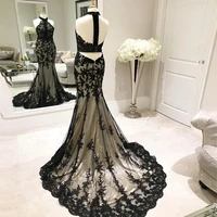 designer black lace evening dresses mermaid halter neck backless sweep train plus size long formal prom night gowns robe de soir