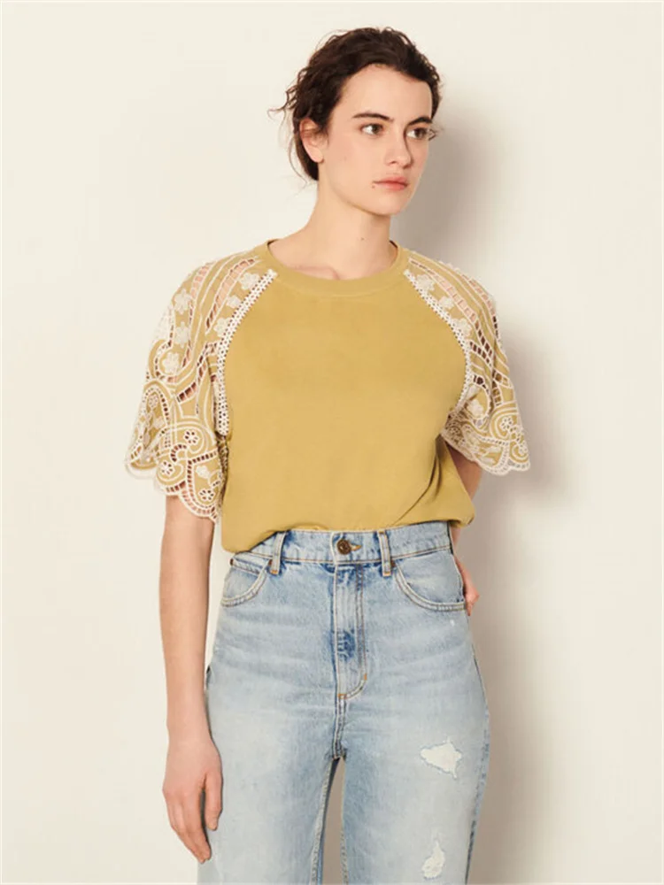 

2022 Spring/Summer New Arrival Woman Khaki Lace Sleeve T-shirt
