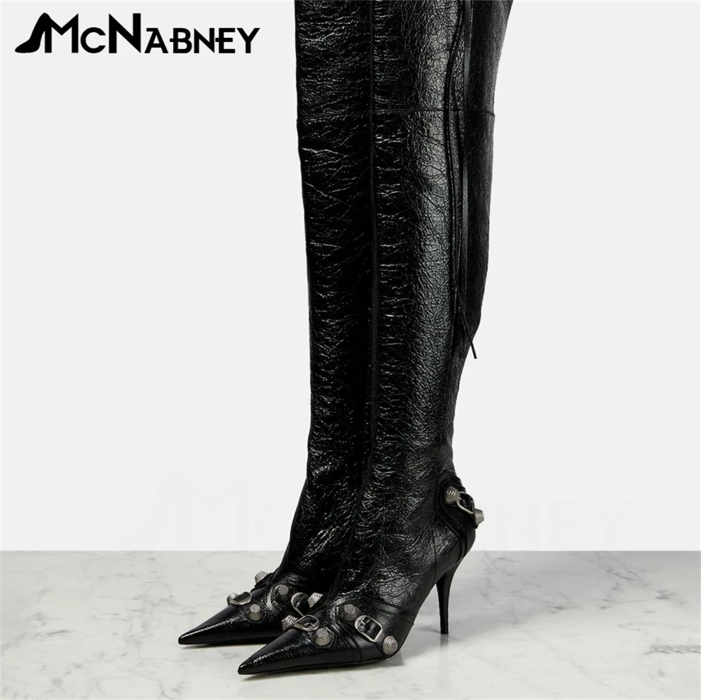 Leather Over-The-Knee Boots Pointed Toe Stiletto Boots for Women Metal Rivet Accessories Luxury Fashion Designer High Heel Boots