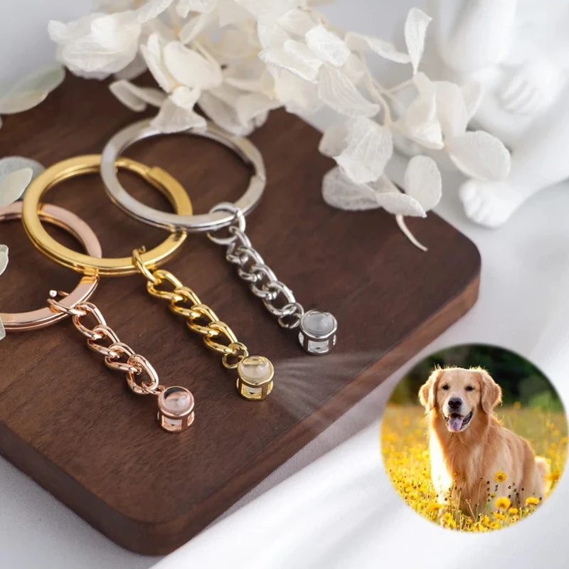 Projection Photo Keychain Gold / Silver / Rose Gold Keychain Custom Pet Dog Cat Picture Memorial Personalized Gift Pet Key Chain