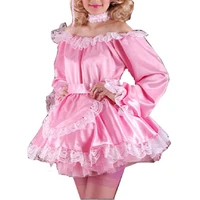hot sale maid sissy dress pink sexy off shoulder long sleeves with neck lace lace apron cosplay party costume customized