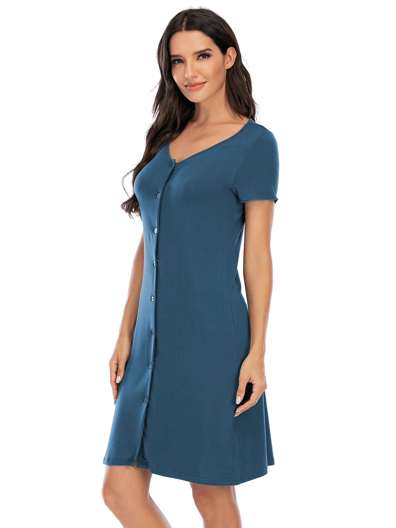 Aamikast Women Summer Pajama Short-Sleeved Loungewear Cardigan Buttons Comfortable Leisure Outfit Mid-Length Solid Nightgown