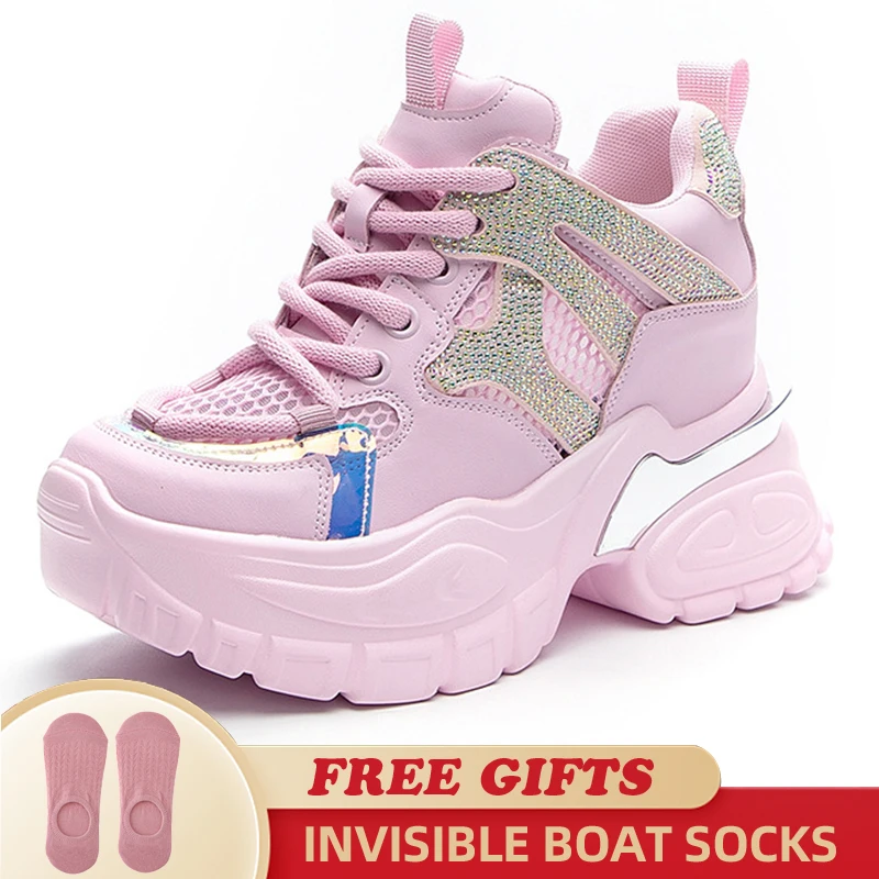 10.5cm Air Mesh Hollow Female Platform 2023 Wedge Chunky Sneakers Genuine Leather Comfy Rhinestone Fashion Summer Women Shoes
