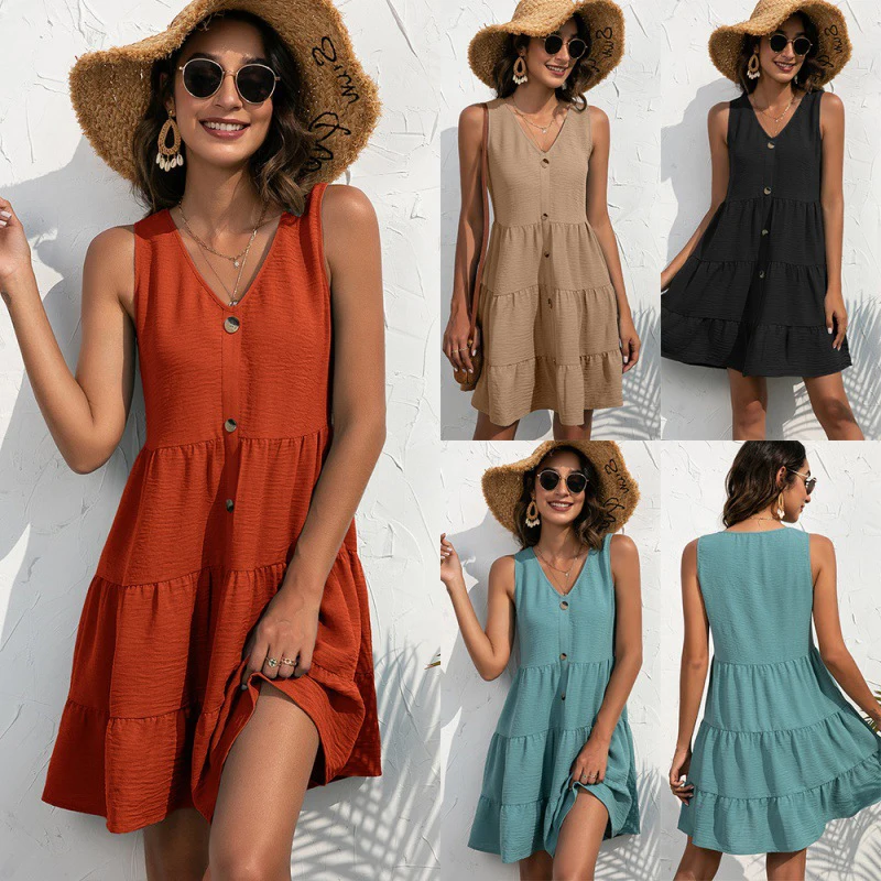 

Summer New Women's Casual V Neck Sleeveless Button Mini Dress 2022 Fashion Solid Patchwork A Line Basic Loose Woman Sundress