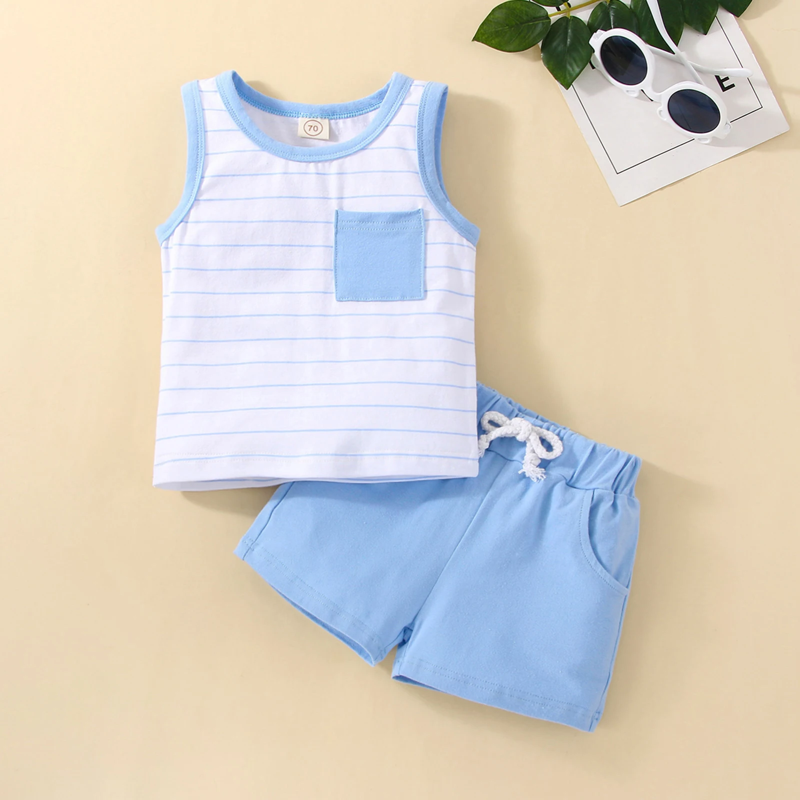 Летний костюм для маленьких мальчиков топ без рукавов с круглым вырезом и