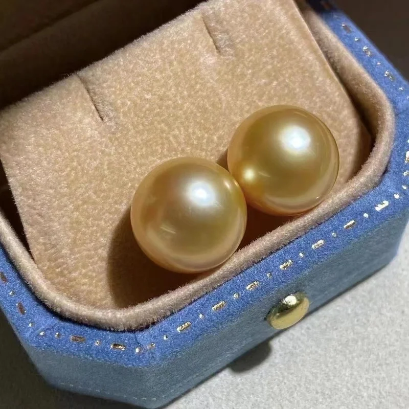 

Pair Huge Natural 13-14mm Genuine Golden Round Luster Sea Loose Pearl Genstone Rings
