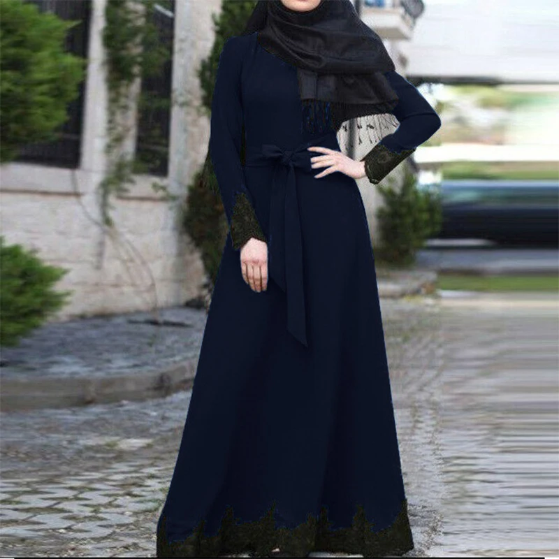 2022 Ramadan Black Lace Stitching Abayas Belt Modest Abayas for Female Middle Eastern Style African Women's Elegant Dress