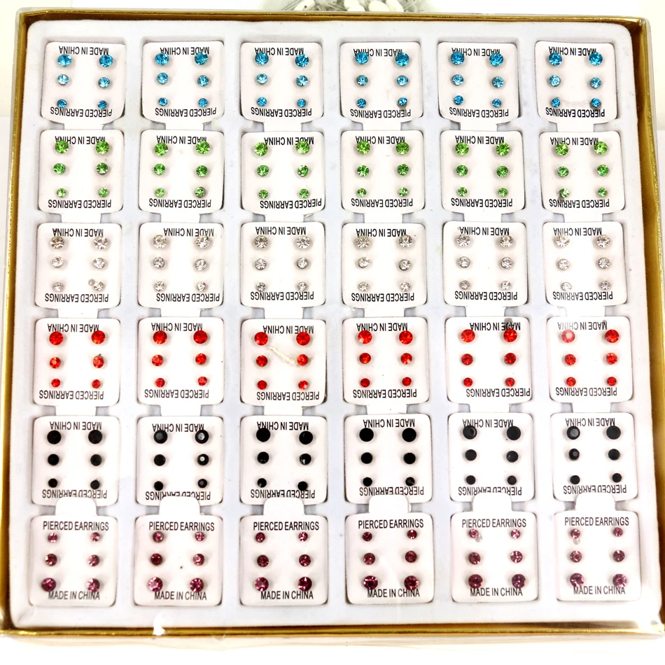 Бесплатная доставка, 108 Пар/партия, набор милых блестящих пластиковых сережек-гвоздиков разных размеров
