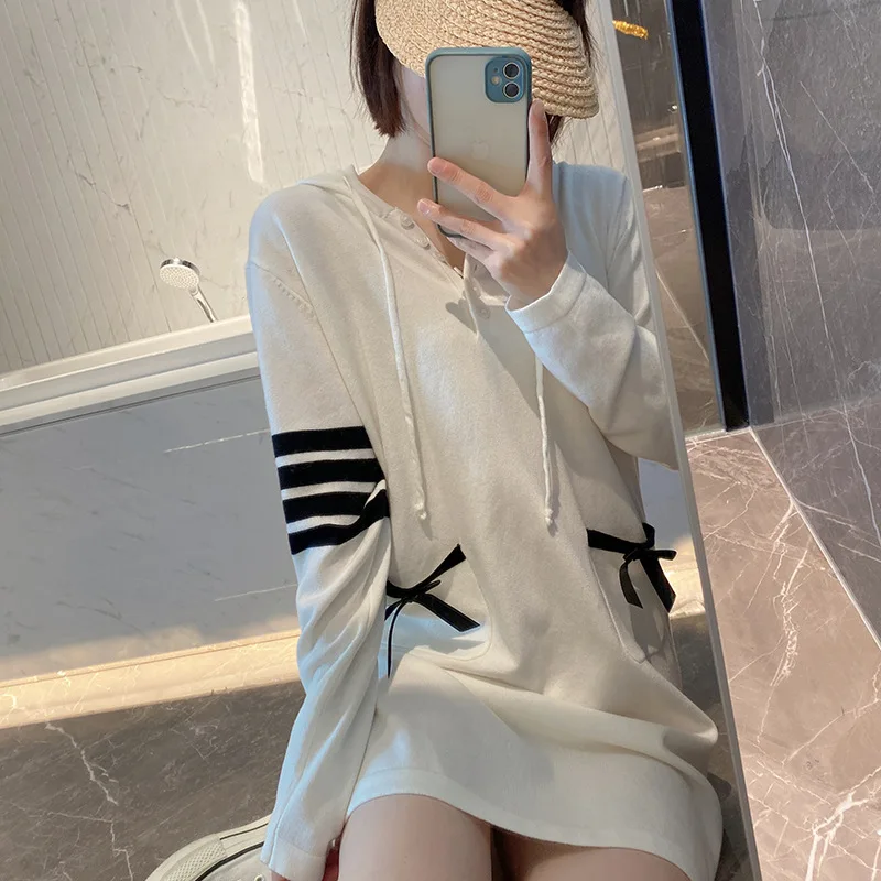 

High Quality Korean Style New TB Temperament Bow Dress Hooded Long Sleeve Sweatshirt Dress Spring Commuter Knit Dress
