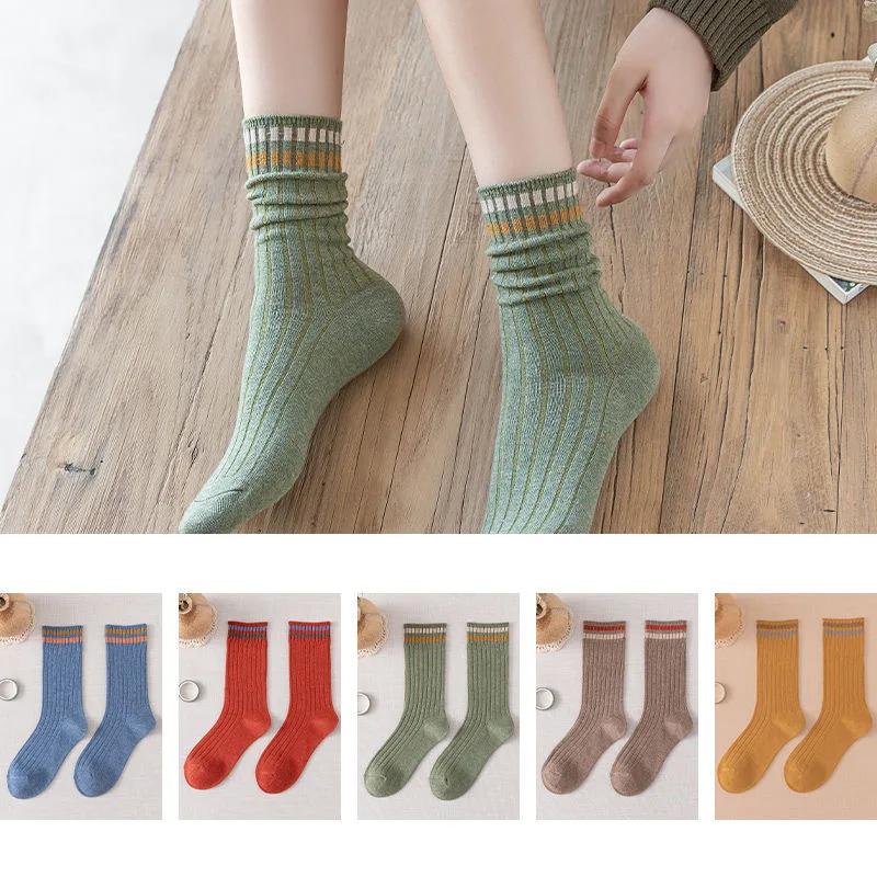 5pair/Lot Spring Autumn Women Long Socks School Solid Knitting Striped Cotton Breathable Calcetines Mujer Chaussette Loose Sock
