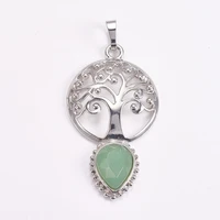 brass pendants natural green aventurine faceted hollow flat round with tree of life and teardrop platinum 49x27x6mm