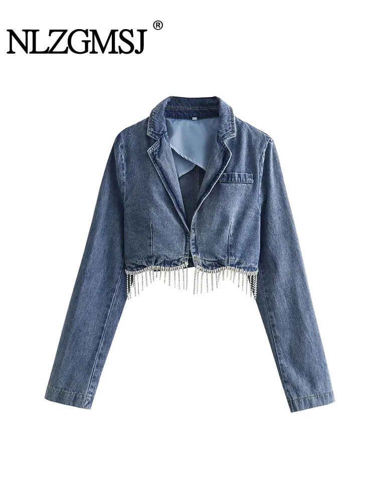 

Nlzgmsj TRAF 2023 Denim Jacket Women Diamond Tassel Jacket Woman Long Sleeve Cropped Jackets for Women Coats