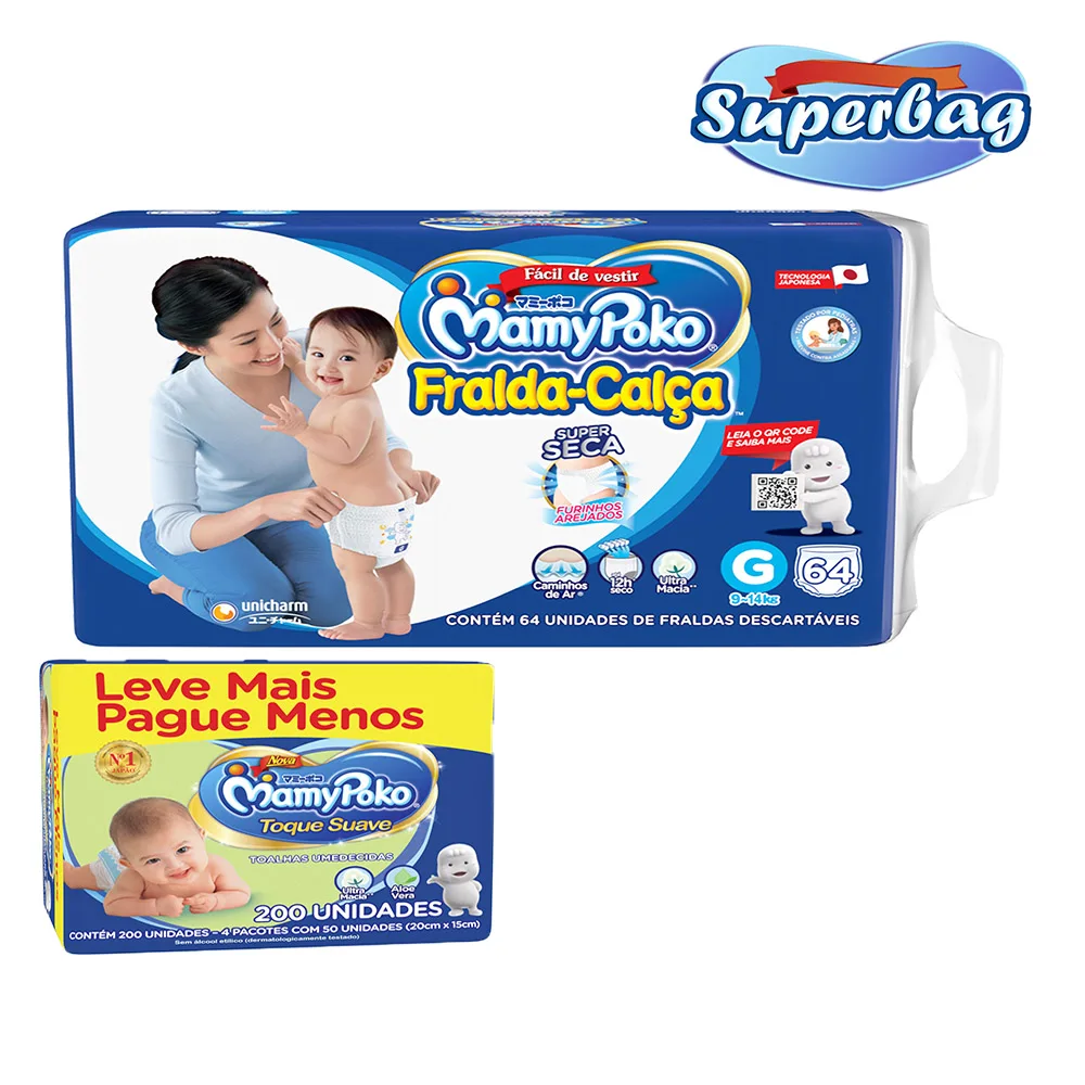 

Kit 02 Super Bag BREAKFLOW Disposable Mamypoko G - 64 Units + 200 Wet Wipes