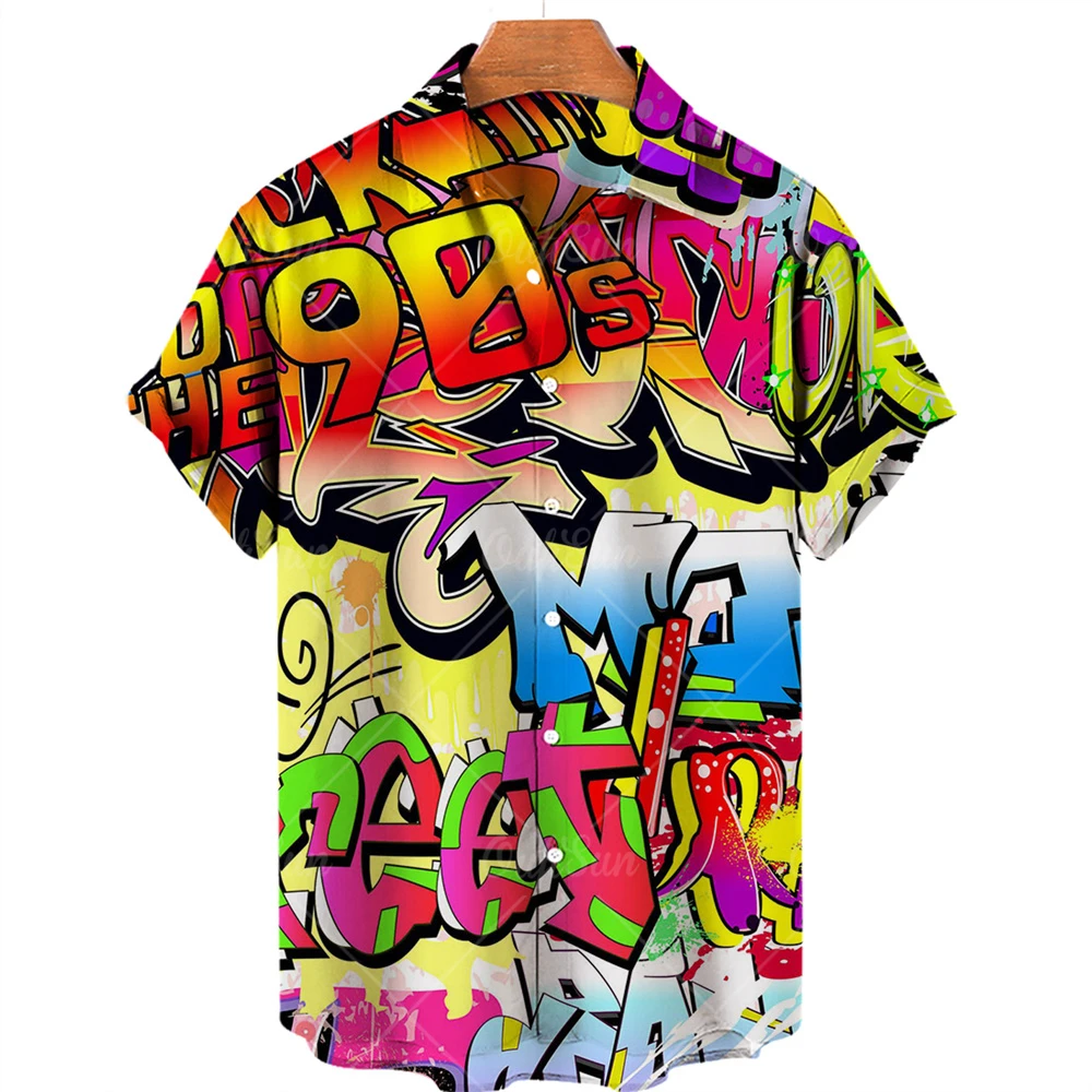 Hawaiian shirt men's short-sleeved street love graffiti print European and American trend loose breathable holiday top