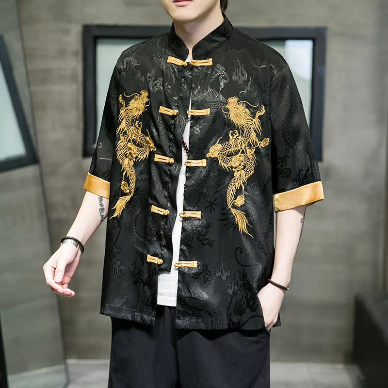 Лето 2022 мужские китайские рубашки атласное шелковое винтажное пальто женская