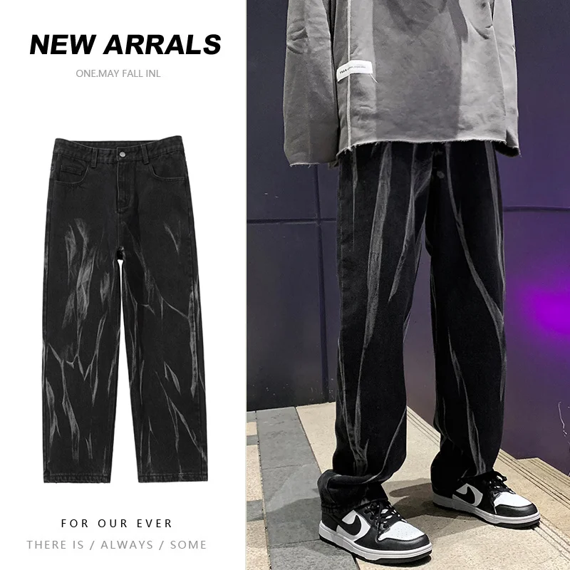 S-5XL Blue/Black Jeans Men's Fashion Retro Tie Dye Jeans Men Streetwear Loose Hip Hop Straight Denim Pants Mens Trousers