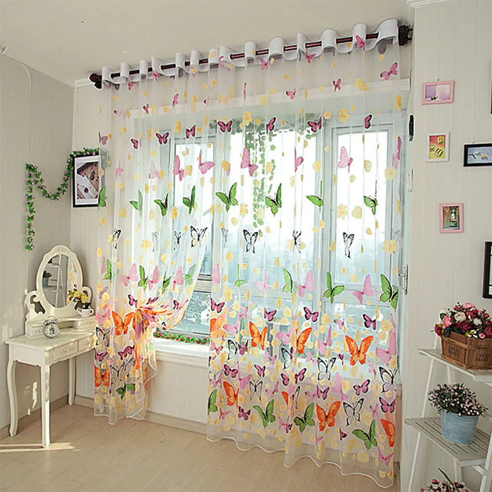 

2PCS Butterfly Curtains for Living Room Sheer Curtain for Decoration Printed Window Panel Tulle Voile Home Decor 98CMx200CM