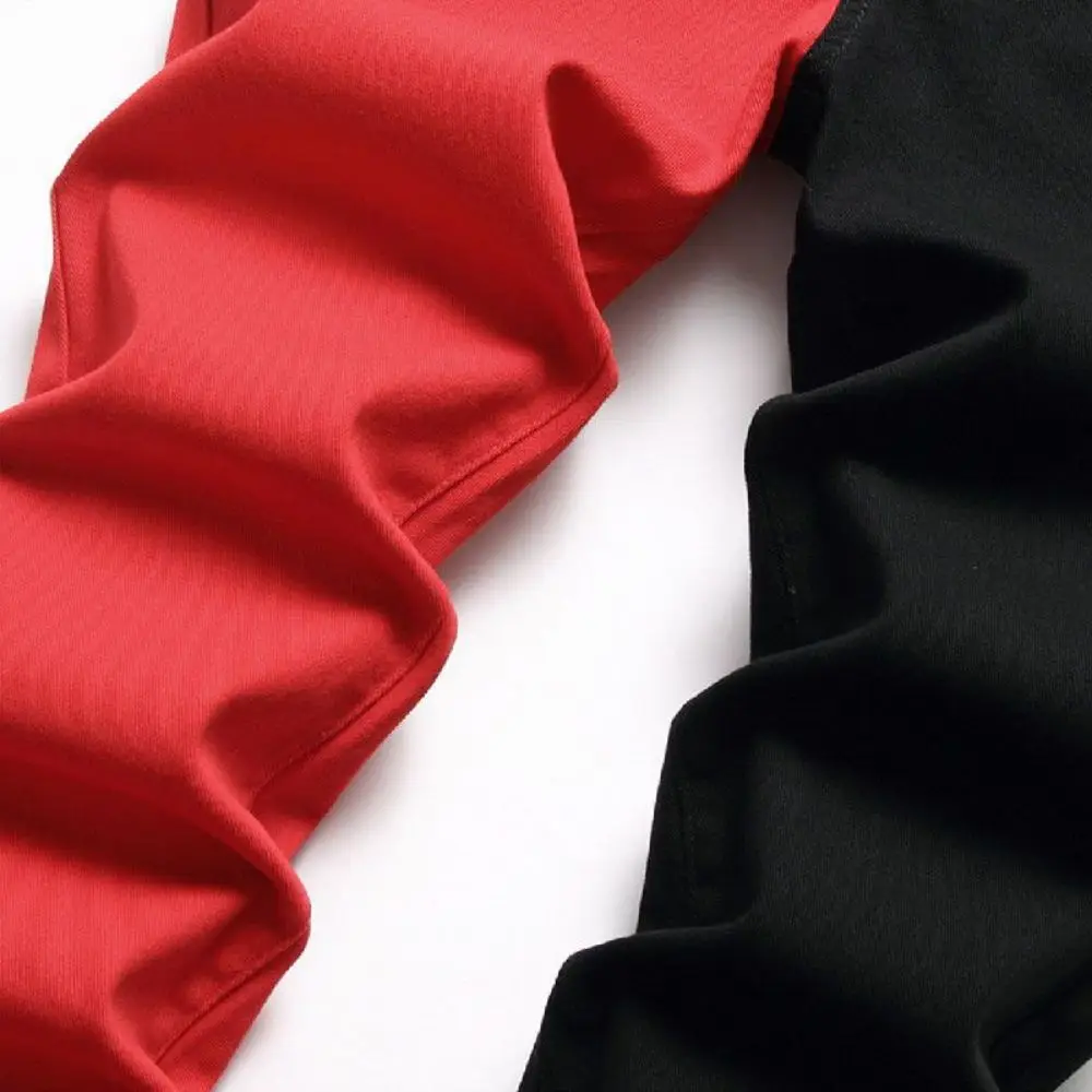 Fashion Retro Men Jeans Pants Denim Trousers Patchwork Color Contrast Slim Fit High Street Straight Trend Stitching Jeans