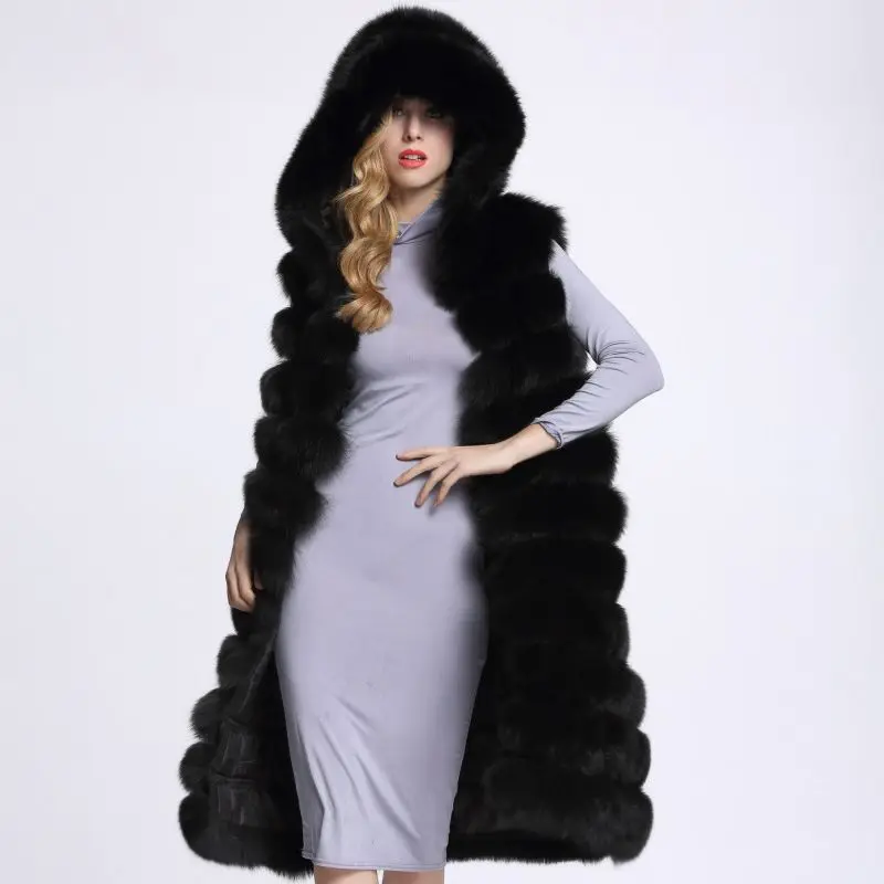 Hot Selling Faux Fox Jacket Fur Hooded Women's Extra Long Sleeveless Vest