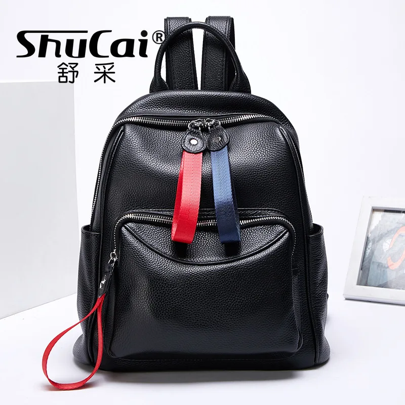 Large-capacity leather backpack women's 2022 new women's bag ribbon pull card simple lychee grain first layer cowhide backpack
