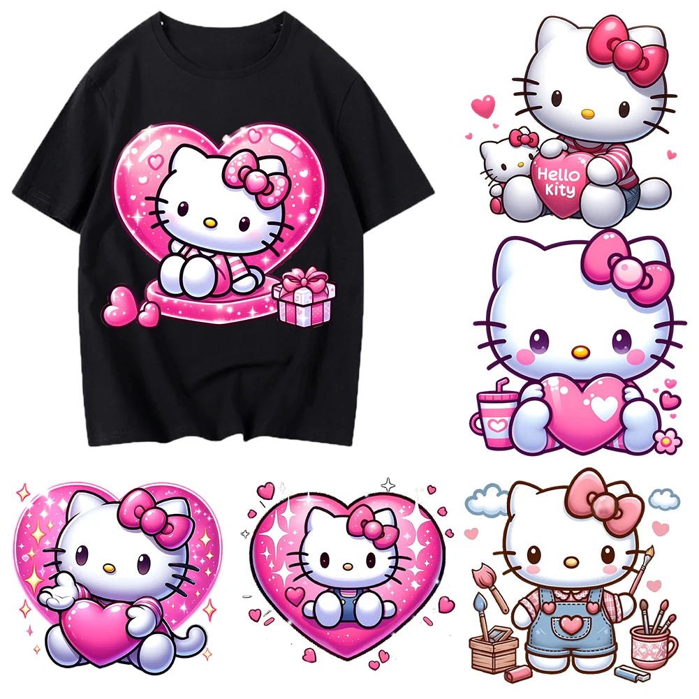 Hello Kitty Valentine's Day Iron On Heat Transfer Stickers For Clothes DTF Pinted Vinyl Thermal Appliques Washable T-Shirt Decal