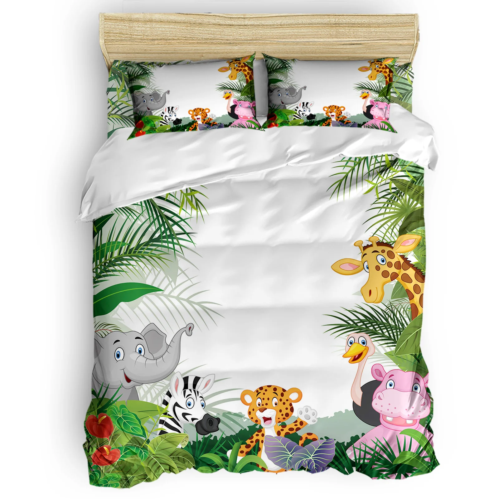 

New Jungle Forest Animal Cartoon Giraffe Lion Zebra Elephant Home Textile Duvet Cover Pillow Case Bed Sheet Kids Bedding 3Pcs