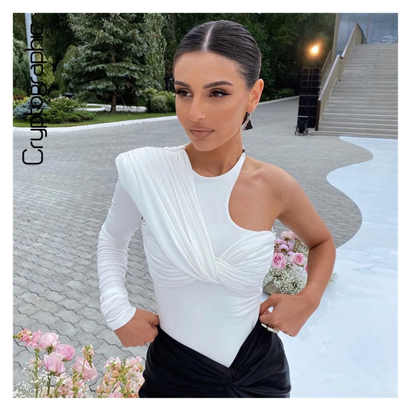

2022NEW Cryptographic One Shoulder Sexy Backless Twist Bodysuits Women Long Sleeve Top Slim High Waist Bodysuit Club Party