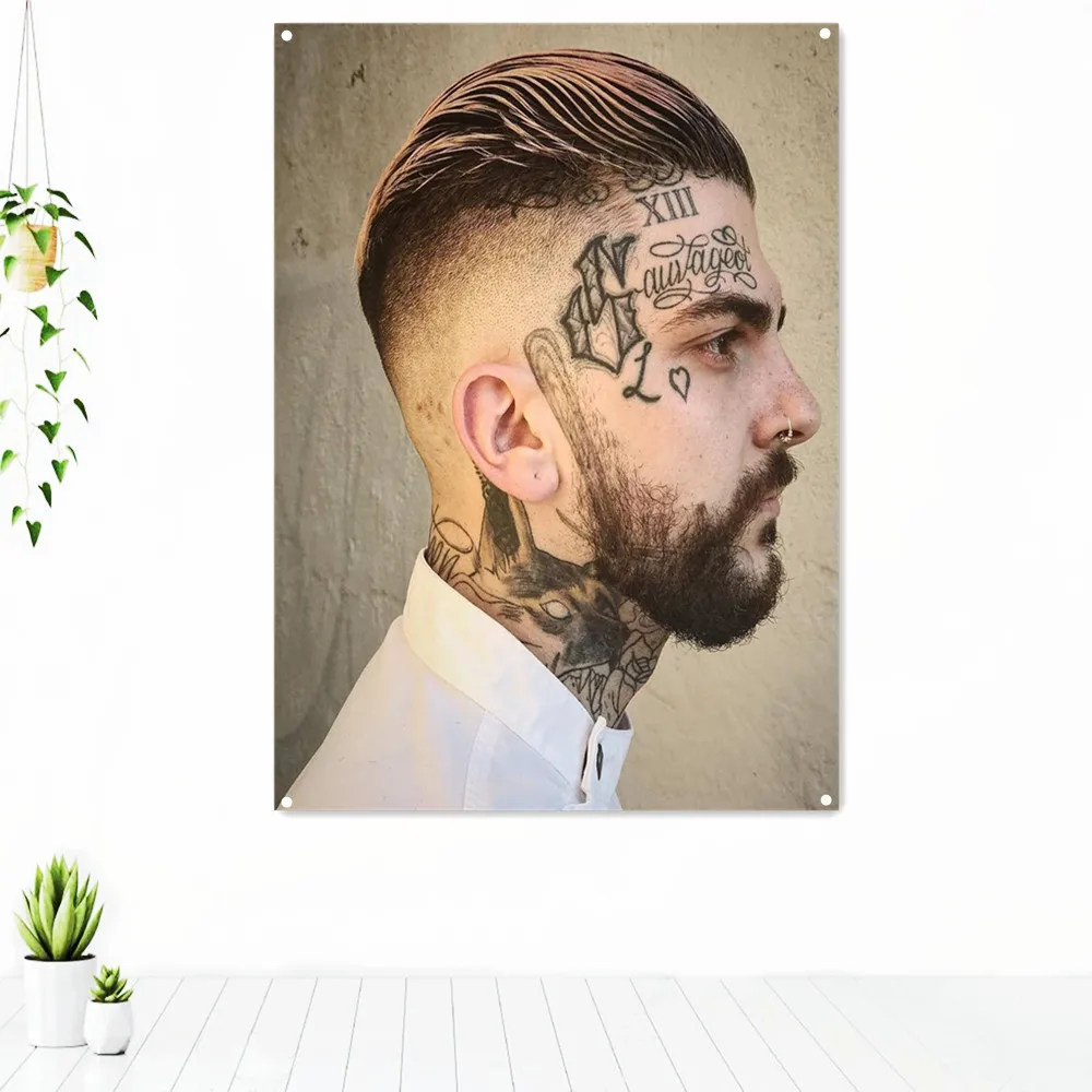 

Man Slicked Back Hairstyles Barber Shop Decorative Banner Wall Art Neck Tattoos Artwork Poster Wall Hanging Flag Canvas Painting