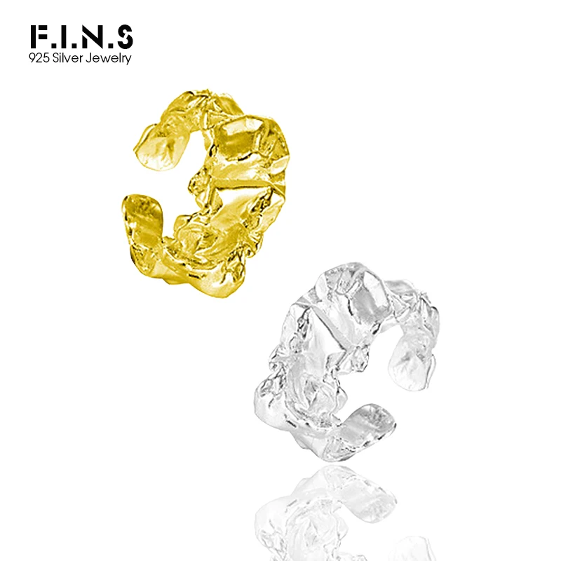 

F.I.N.S Fold Texture 925 Sterling Silver Ring Concave and Convex Open Tin Foil Surface Mid Finger Ring Irregular Statement Rings