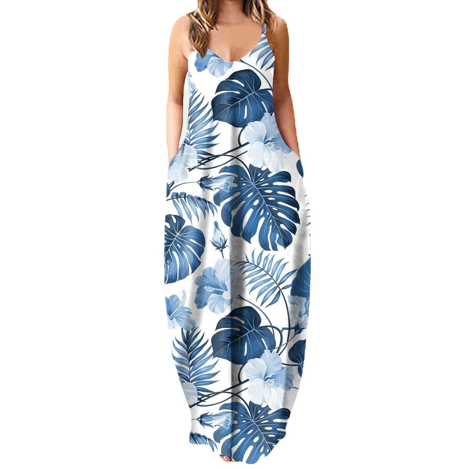 

Loose Maxi Floral Leaves Printed Sleeveless Camisole Dresses Women Summer Beach Holiday Long Sundress 2XL Robe Vestidos Clothes