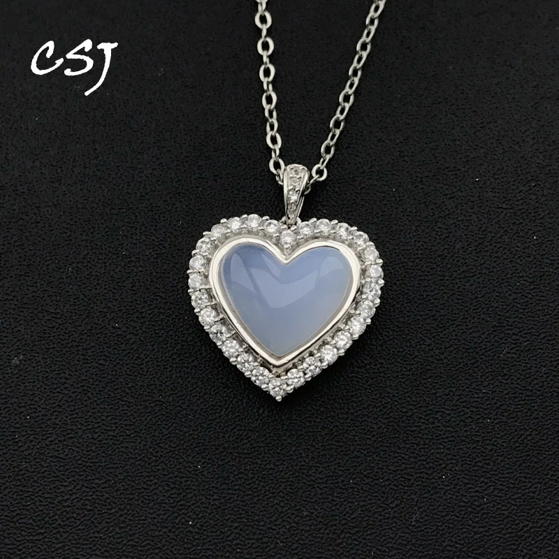 

CSJ Natural Agate Pendant Sterling 925 Silver Handmade Heart Necklace for Women Christmas Black Friday Party Jewelry Gift