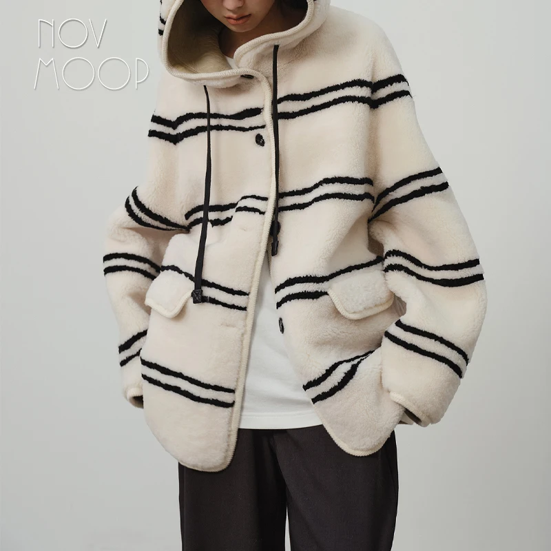 Novmoop double faced wool women coat light warm jacket French simple chic style new winter season LT3583