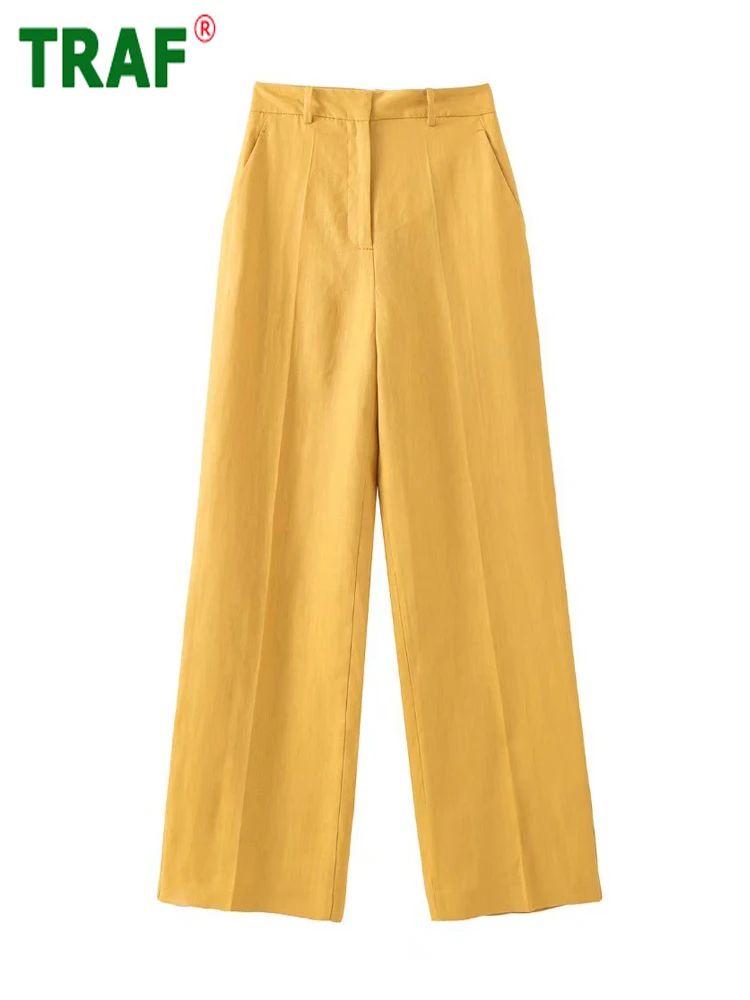 

TRAF Yellow Wide Leg Pants Women Masculine High Waisted Trousers Women Vintage Office Pants Woman Aesthetic Straight Trousers