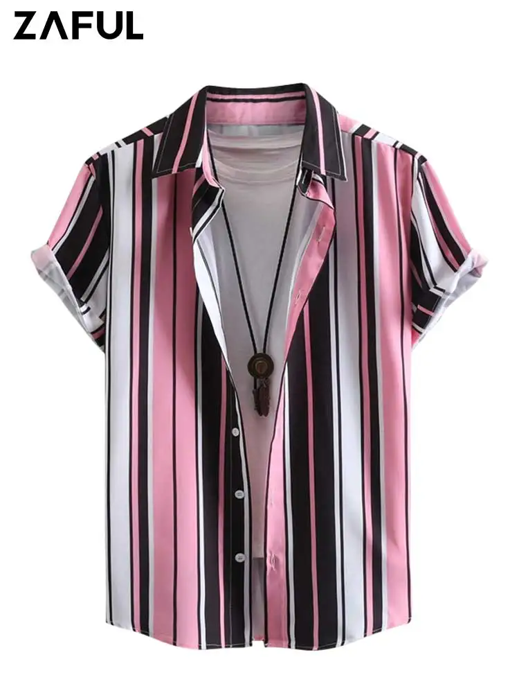 

ZAFUL Vertical Stripes Shirts for Men Casual Short Sleeve Button-up Turn-down Collar Shirt Summer Streetwear Tops Z5083515