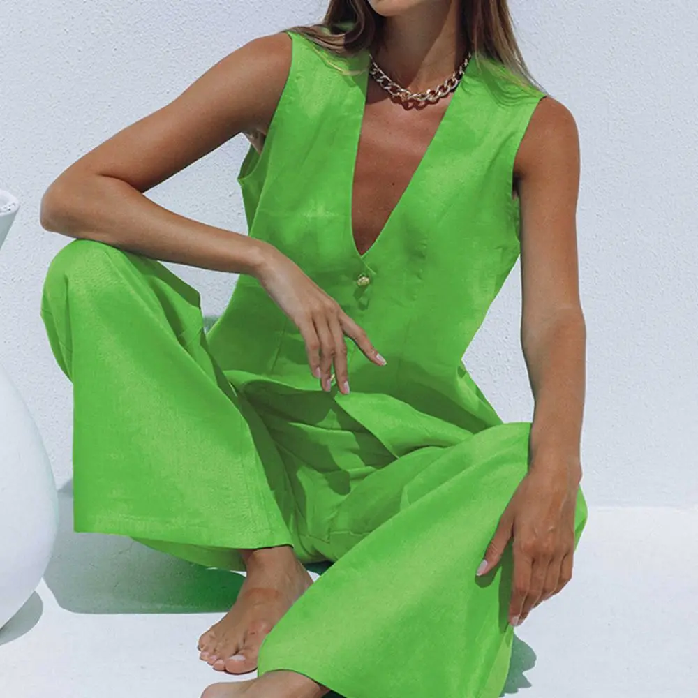 Sexy Black V-Neck Buttoned Slit Vest Pants Women Suit 2023 Summer Sleeveless Wide Leg Pant Female Suits Fashion Office Lady Set