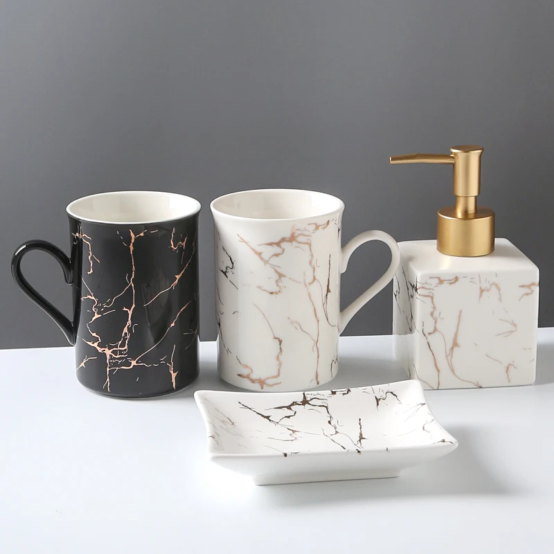 

Golden Stroke Ceramic Bathroom Set Nordic Marble Texture Mouth Cup Toothbrush Holder Home Five Piece Set Shower Accessories