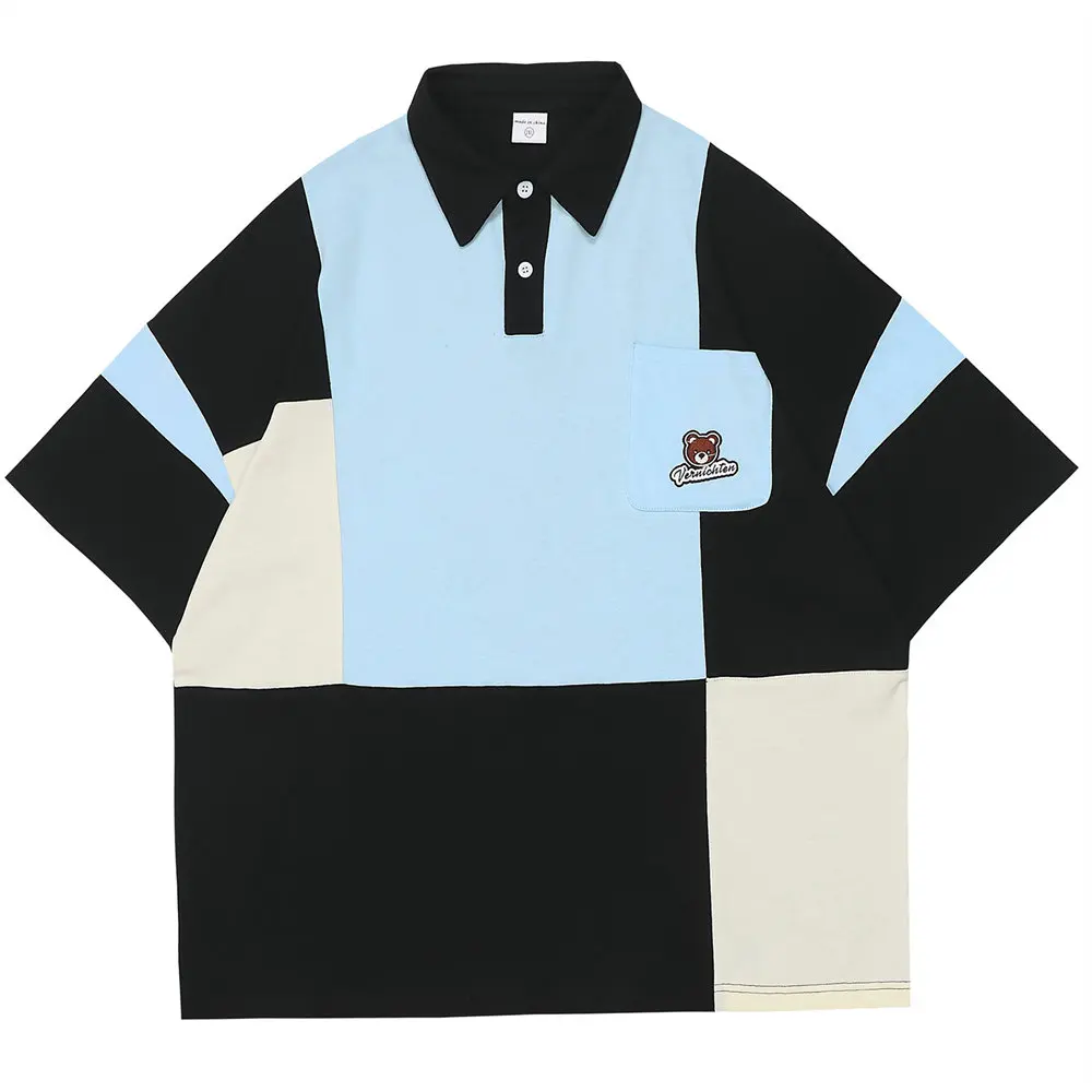 

Polo Shirts for Men Vintage Patchwork Turn-down Collar Cotton T Shirts Men's Clothing Streetwear Casual Oversize T Shirt for Men